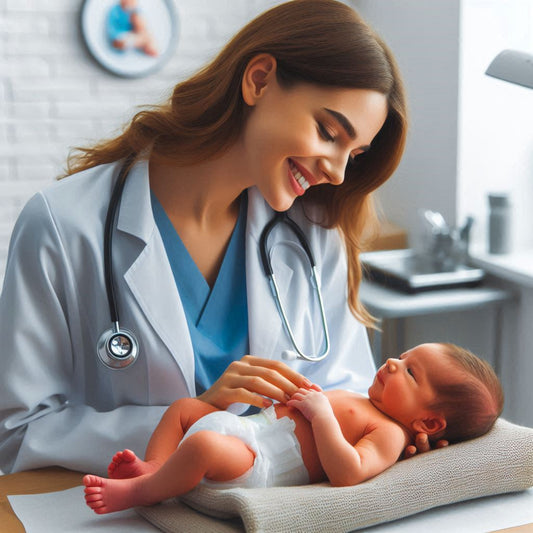 female pediatrician with newborn baby patient in doctor office