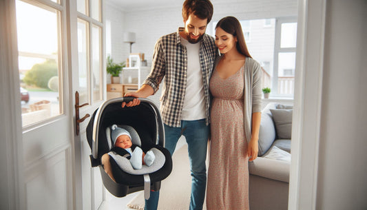 mom and dad new parents bringing baby home from hospital in infant car seat