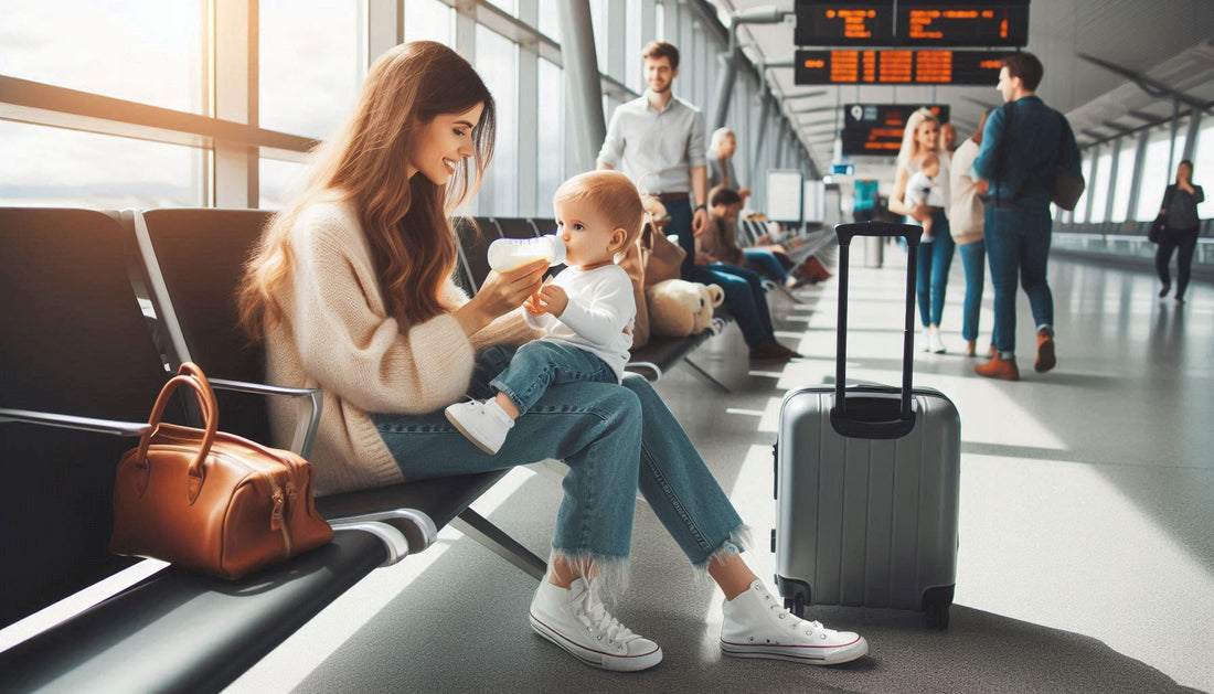 mom giving baby bottle in airport while traveling with kids