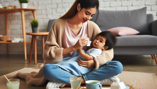 mother caring for sick baby toddler infant with a cold