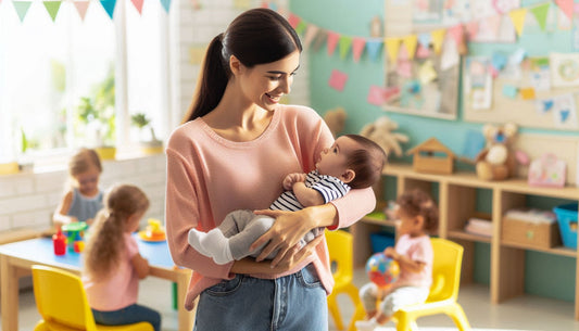 mom holding baby starting day care